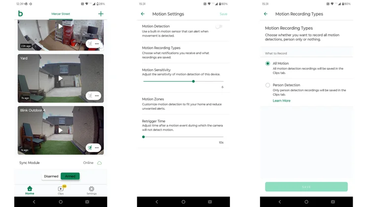 Three screenshots taken from the Blink app showing live recordings and motion settings