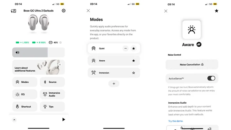 Three screenshots from the Bose app showing the home page, sound modes and Aware mode settings