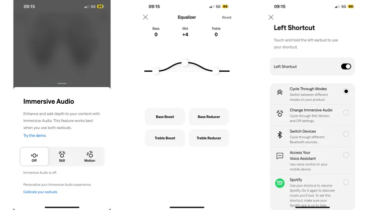Three screenshots from the Bose app showing the Immersive Audio options, equaliser settings and left shortcut customisation