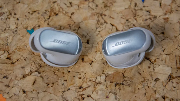 The Bose logos on the reflective touch surfaces of the Bose QuietComfort Ultra Earbuds 2nd Gen