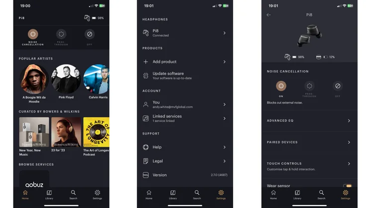 Screenshots of the Bowers & Wilkins Music app
