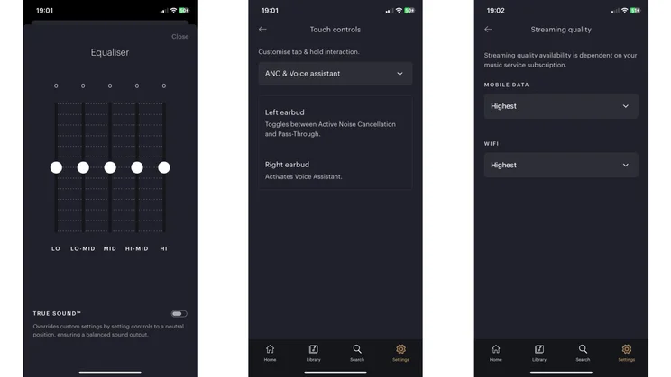Screenshots of the Bowers & Wilkins Music App options