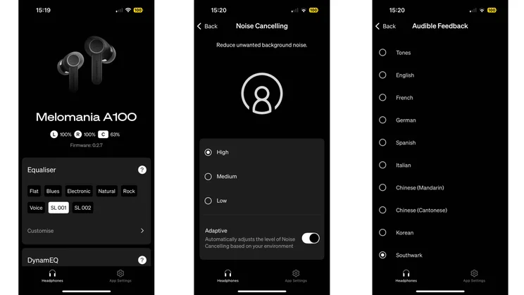 Three screenshots from the Cambridge Audio Melomania app displaying the equaliser, noise cancellation and audible feedback settings