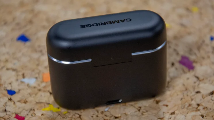 Rear view of the Cambridge Audio Melomania A100 wireless earbuds' closed charging case