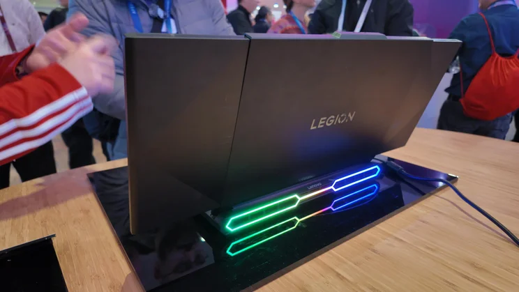 Rear view of the Lenovo Legion Pro Rollable on a desk at CES in Las Vegas