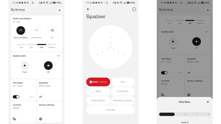 Screenshots from the Nothing X app showing the noise cancellation, equaliser and ultra bass settings