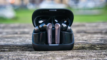 The EarFun Air Pro 4+ wireless earbuds in their charging case
