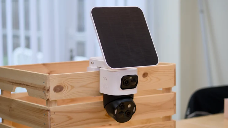 The EufyCam S4 mounted temporarily on a wooden box