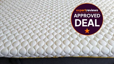 A closeup of the Eve Wunderflip Premium mattress. In the right hand corner is a badge reading Expert Reviews Approved Deal