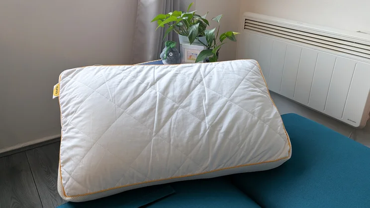 The Eve Hybrid Side Sleeper pillow on top of a sofa bed in a living room. Behind it is a table with potted plant