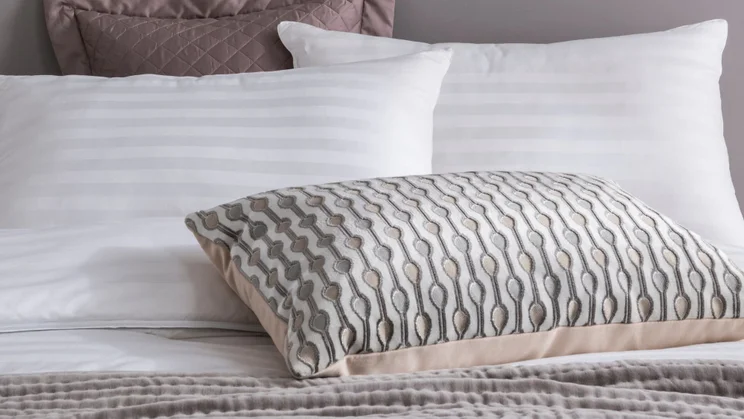 Fine Bedding Co Boutique Silk Pillow review pillows on a bed with a catter cushion