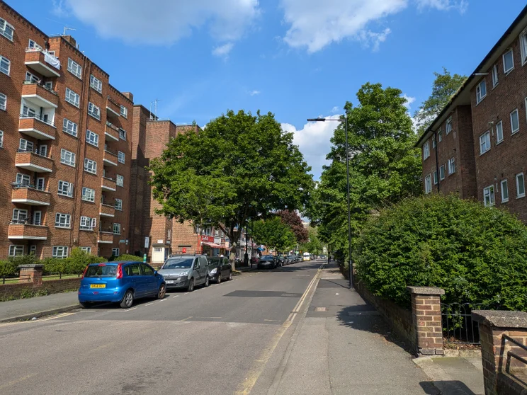Quiet road with buildings on either side and leafy trees