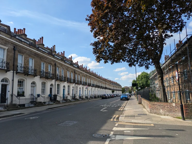 Quiet street with houses on the left and a large tree on the right