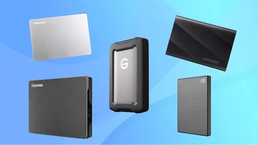 Five hard disks arrange in a composite image against a blue background