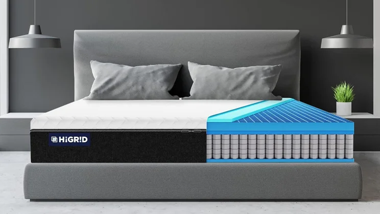 HiGrid Premium Hybrid mattress on a bed with cross-section of layers