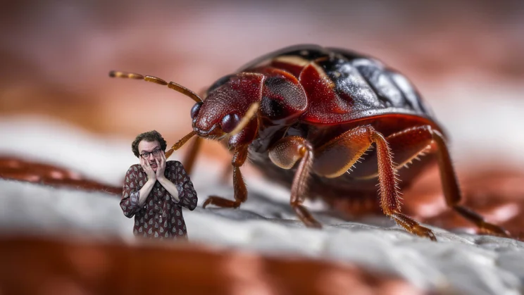 I had bed bugs twice in six months - featured. Worried man superimposed on close up photo of a bed bug