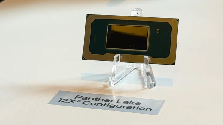 A close up of the 12Xe Panther Lake chip on a plastic stand