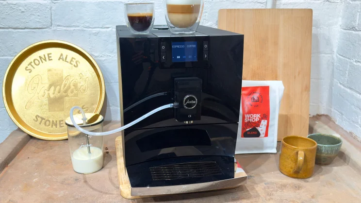 Jura C8 coffee machine 1 front of machine with milk jug