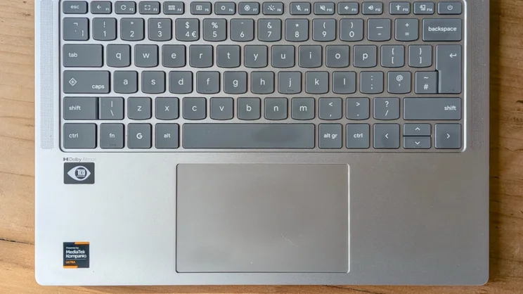The keyboard and touchpad of the Lenovo Chromebook Plus 14 Gen 10, pictured from above