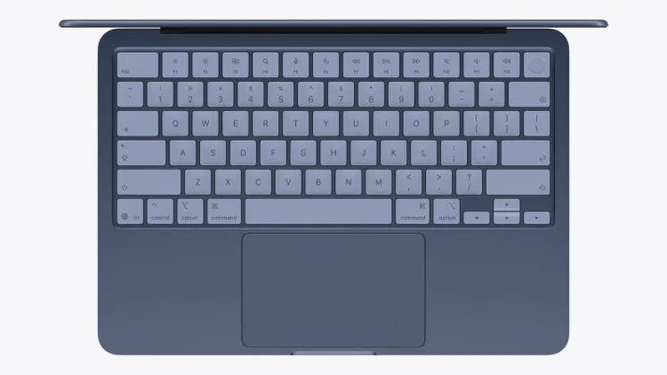 A render of the Apple MacBook Neo showing a top down view of the keyboard and touchpad
