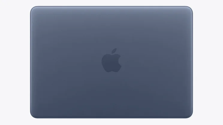 A render of the Apple MacBook Neo in indigo, closed from above