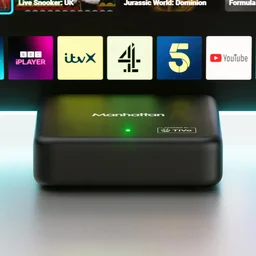 The Manhattan Aero 4K TV Streamer in front of a TV displaying a row of apps, including Freely