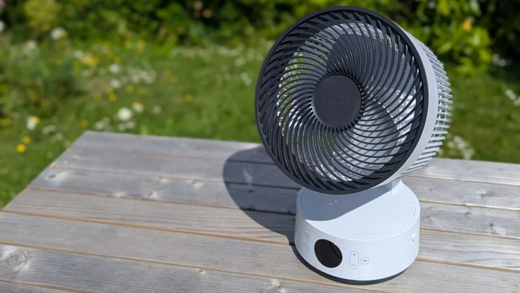 The MeacoFan Sefte 8in on an outdoor table