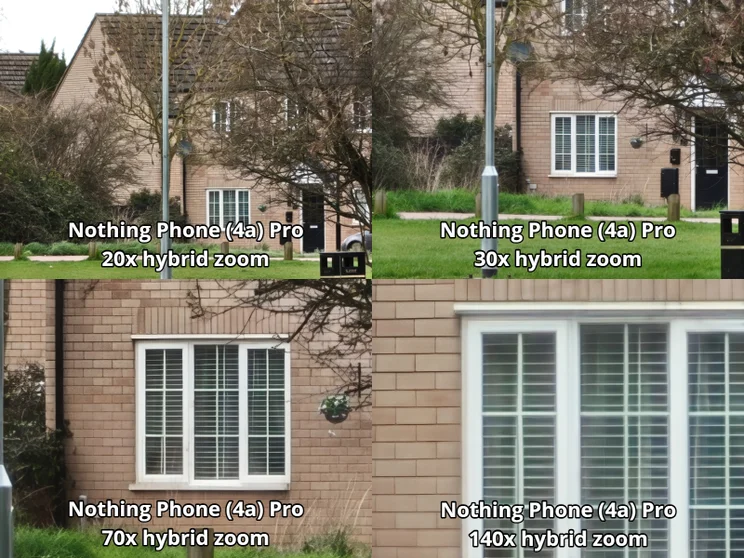 Comparison shot showing four different levels of zoom on a picture of a house