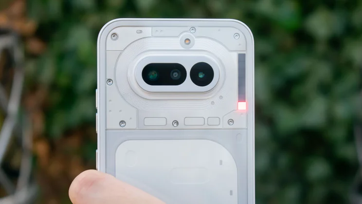 Nothing Phone (4a) rear view, showing red recording light