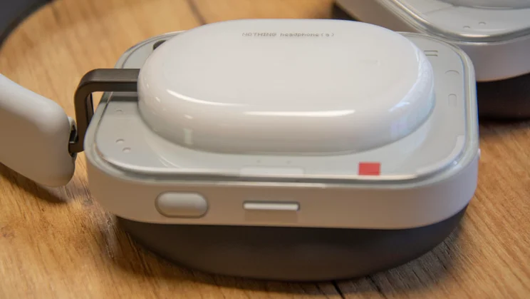 Close-up of the right earcup of the Nothing Headphone (a) over-ear headphones