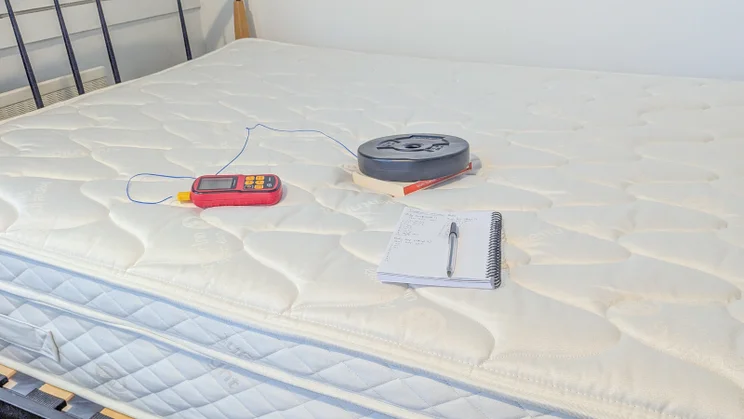 Premier Inn 2.0 Mattress review top of mattress with temprature probe, weight and note pad on it