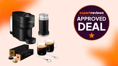 An image of the Nespresso Vertuo Pop bundle (including milk frother, pods and cup set) on an orange background. A circular badge reads "Expert Reviews Approved Deal"