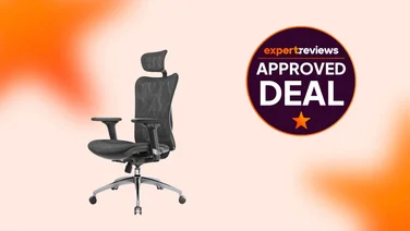 The Sihoo M57 office chair on an orange background, alongside a roundel badge reading: "Expert Reviews Approved Deal"