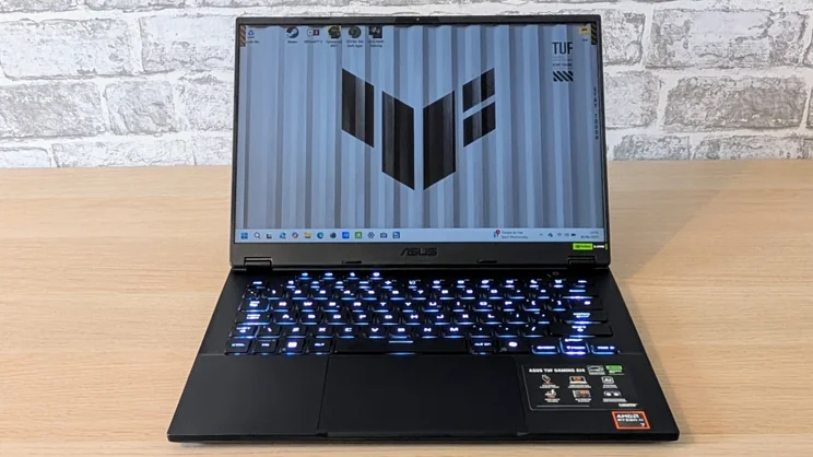 The Asus TUF Gaming A14 RTX 5060 laptop pictured from the front