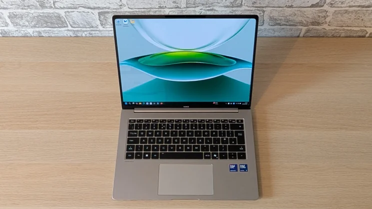 The Honor MagicBook Pro 14 pictured from the front and above