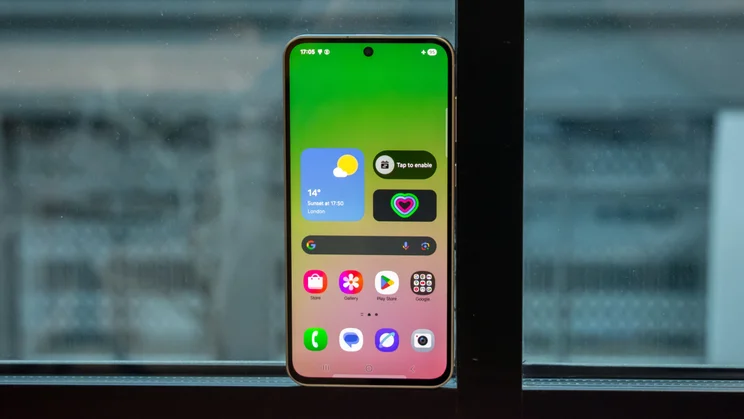 Samsung Galaxy A56 on a window ledge, front view with the display on