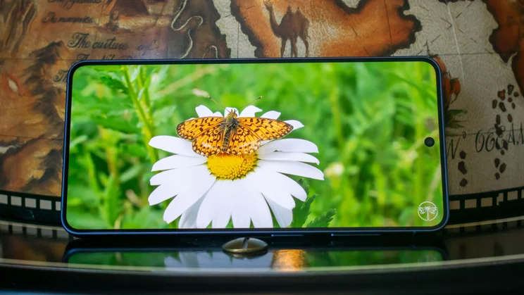 Samsung Galaxy S26 leaning on a globe in landscape mode, displaying a nature video