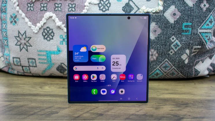 Samsung Galaxy Z Fold 7 unfolded, front view, with the homescreen on the display