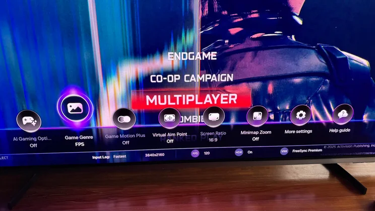 Close-up of the Samsung Game Bar menu displayed on the Samsung S99H quantum dot OLED TV