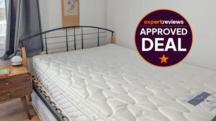 The Silentnight Premier Inn 2.0 mattress on a metal bed frame. On the right hand side a badge reads "Expert Reviews Approved Deal"
