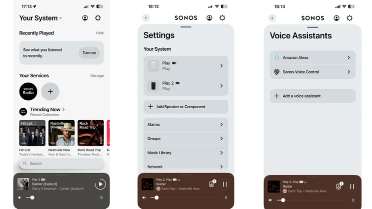 Three screenshots from the Sonos app, showing the home screen, main settings page and Voice Assistant page