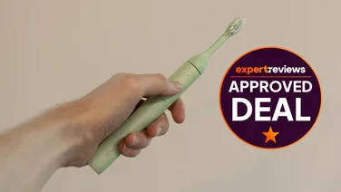 A hand holding the Suri 2.0 electric toothbrush, alongside a badge reading "Expert Reviews Approved Deal"