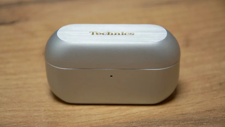 Front view of the The Technics EAH-AZ100 wireless earbuds in their charging case with the lid closed