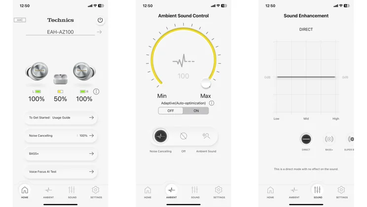 Screenshot of the Technics Audio Connect app showing the Home, Ambient and Sound screens