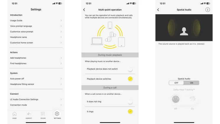 Screenshot of the Technics Audio Connect app showing the Settings screen and details of the multipoint connection and spatial audio options