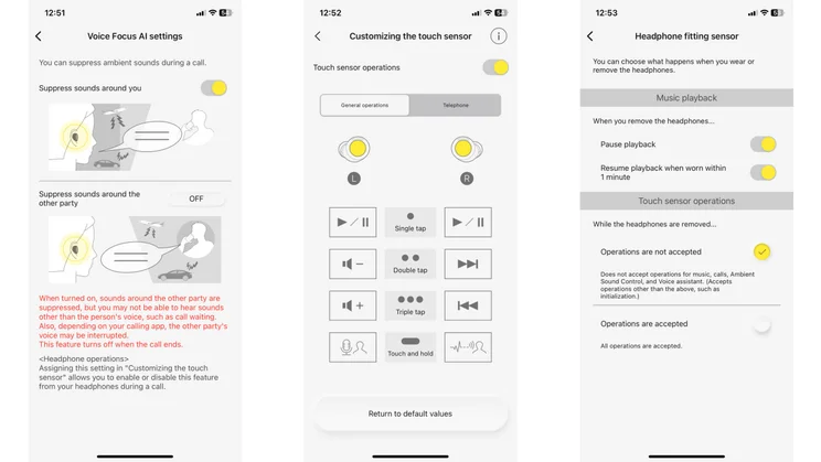 Screenshot of the Technics Audio Connect app showing the Voice Focus AI settings, touch control customisation options and headphone fitting sensor options