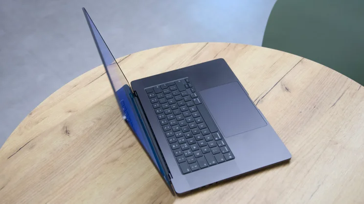 The 2026 M5 Pro MacBook Pro, open, photographed from above left