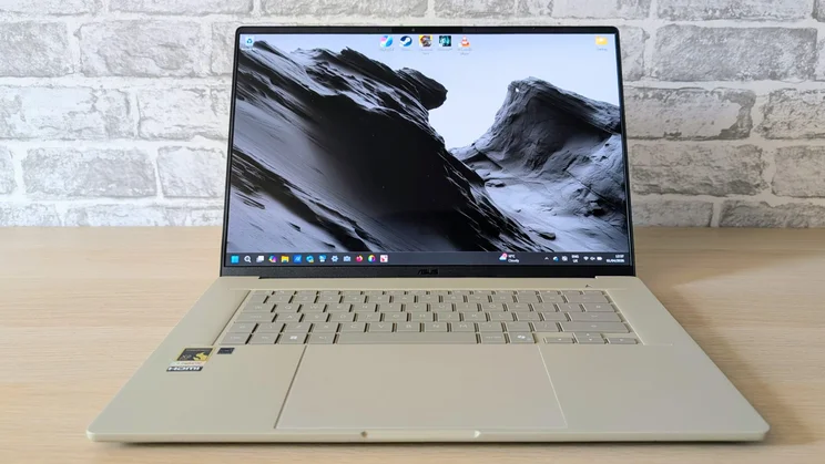 The Asus Zenbook A16, open pictured from the front