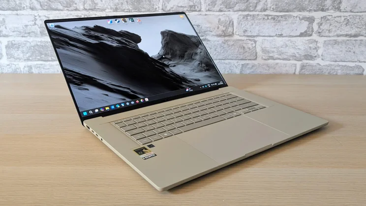 The Asus Zenbook A16 pictured from the front left quarter