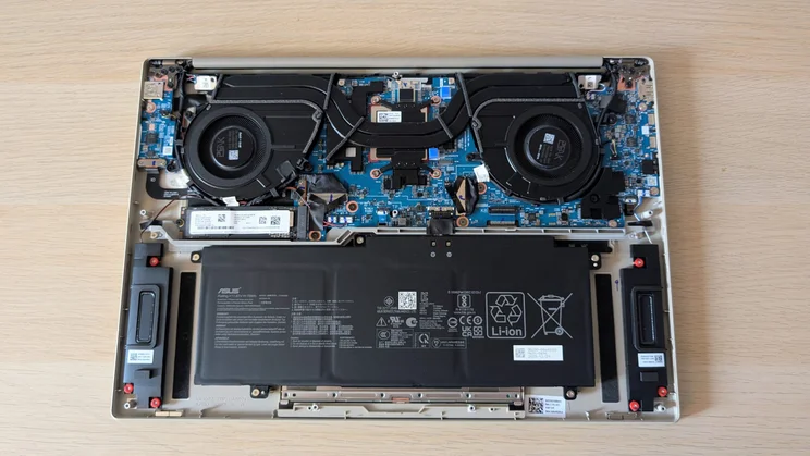 The Asus Zenbook A16's internals, pictured from above